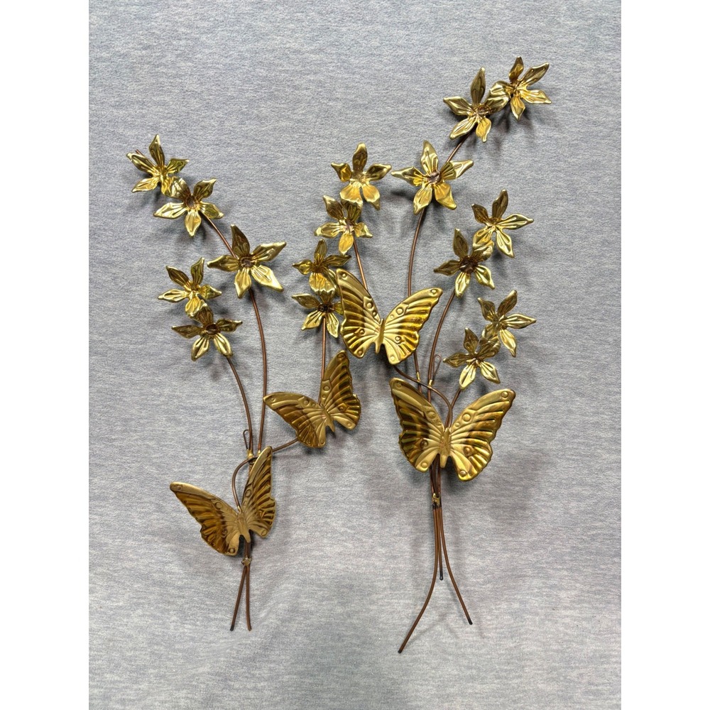Vintage Brass Metal Butterfly Flower Wall Art Set MCM Hollywood Regency 24 Inch